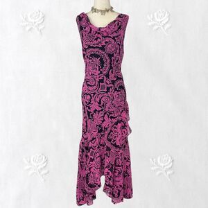 Early 2000's Pink Black Mesh Sequin Frilly Beaded Asymmetric Midi Dress L / 12